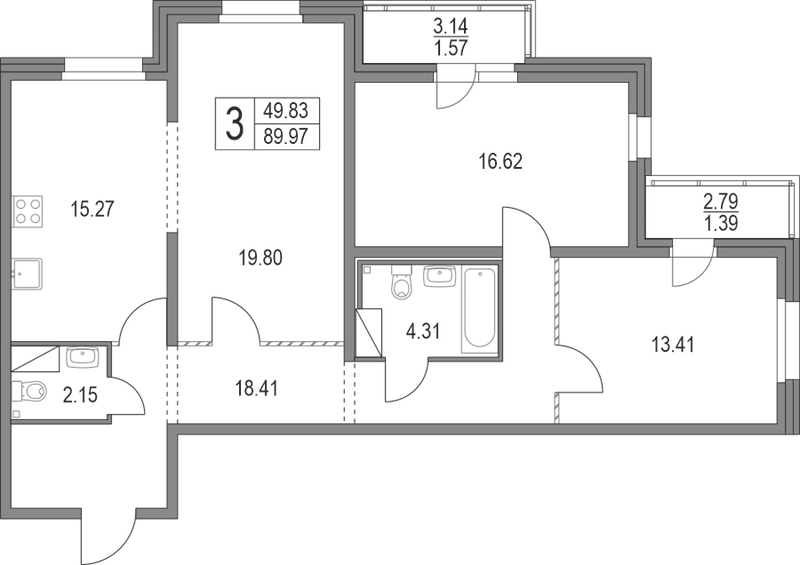 3-комнатная квартира 89.97 м², 2/19 эт., ЖК «Приморский квартал»